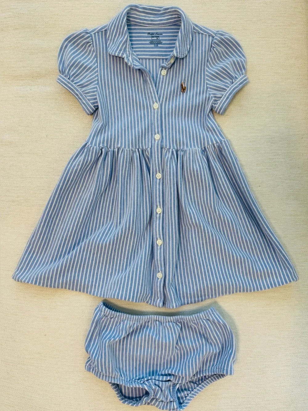 Ralph Lauren Girls Oxford Blue Stripe Piqué Polo Dress & Bloomers Size 24 months